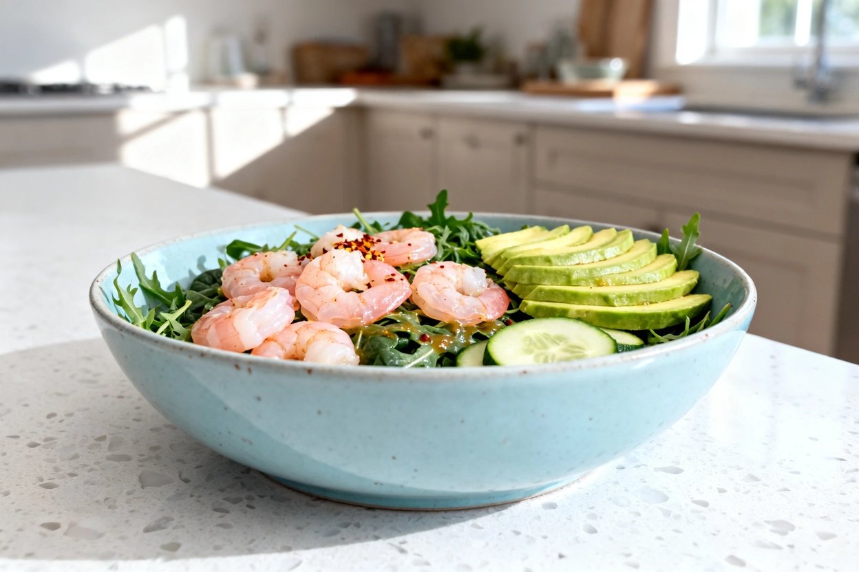 bout 35°) realistic home-kitchen food photo of the exact same finished shrimp avocado salad bowl as