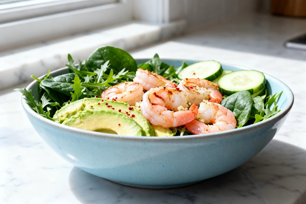 shot (about 40–45°) of the same finished low carb shrimp avocado salad bowl plated in the same ligh