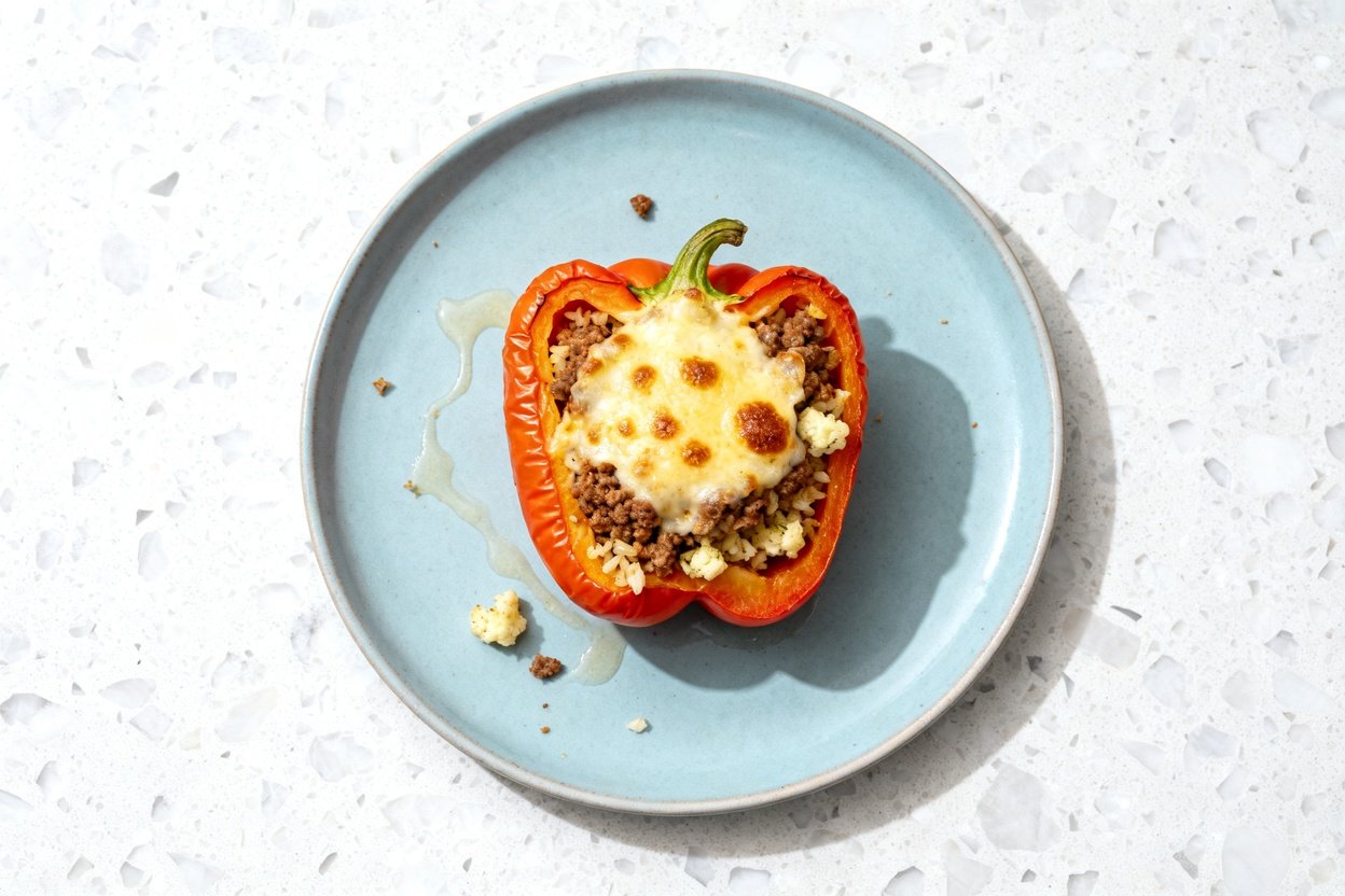 top-down food photograph of a single serving of low carb keto stuffed bell pepper (one bell pepper h