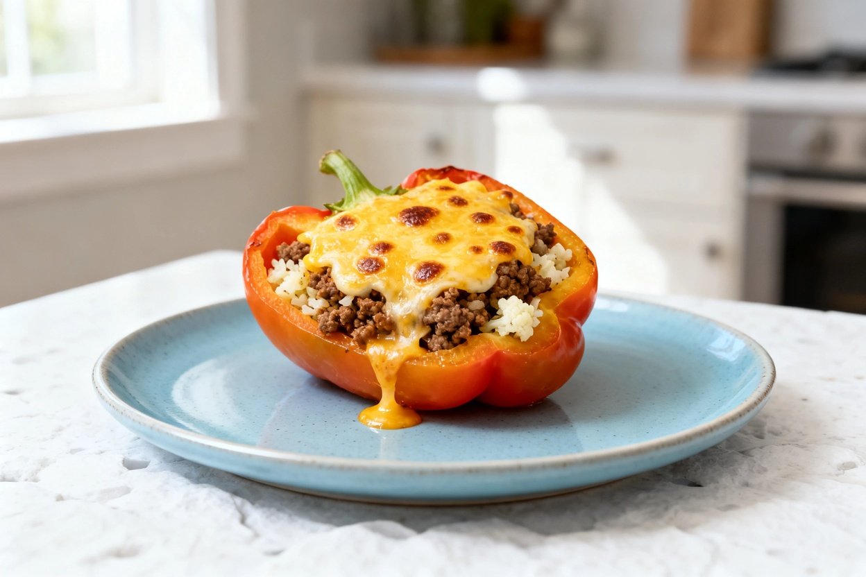 –40 degree camera view of the exact same finished keto stuffed pepper presentation (one bell pepper 