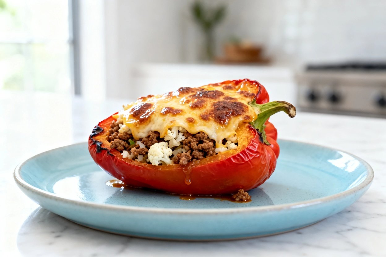  shot at approximately 30–45 degrees focusing on the same single serving keto stuffed bell pepper ha