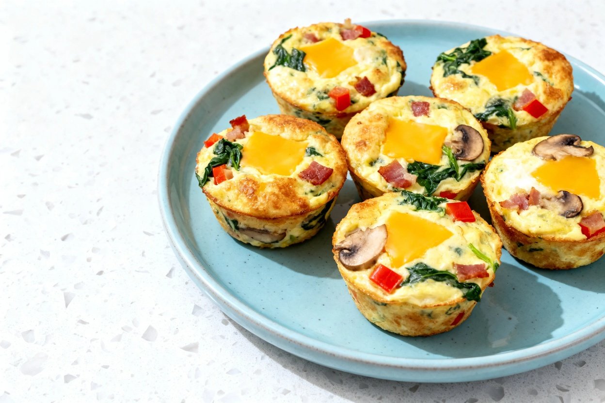 top-down food photo of keto egg muffins: six savory egg muffins arranged casually (not perfectly sym