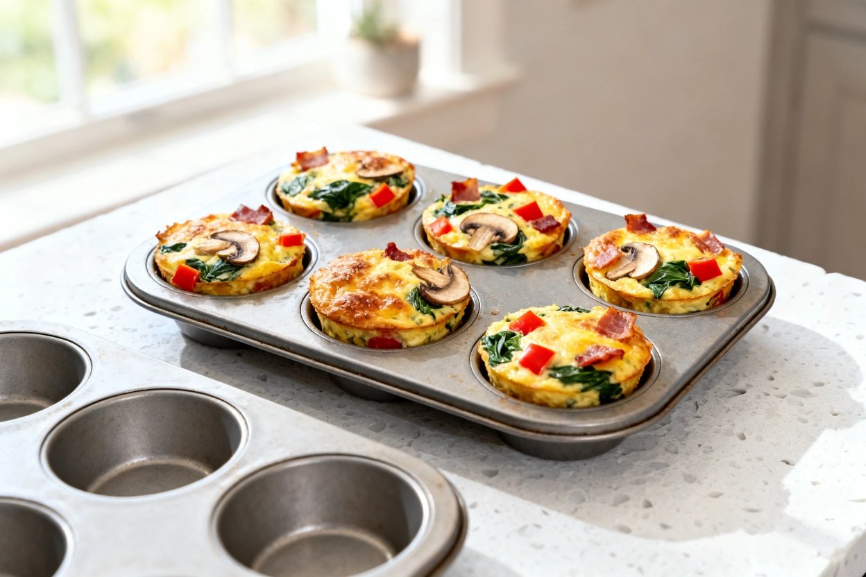 bout 35 degrees) realistic food photograph of the same finished keto egg muffins from the same batch