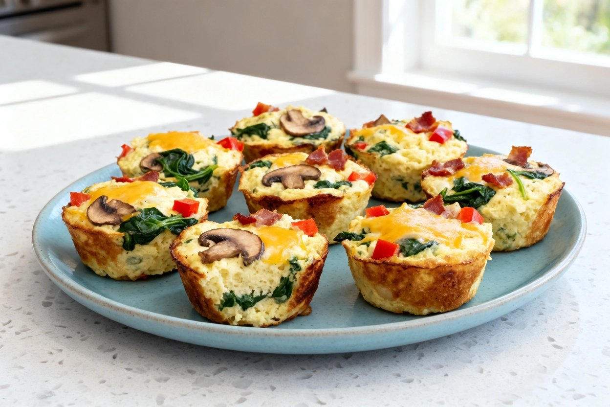  shot (about 40–45 degrees) of the same finished keto egg muffins plated on the same style light blu