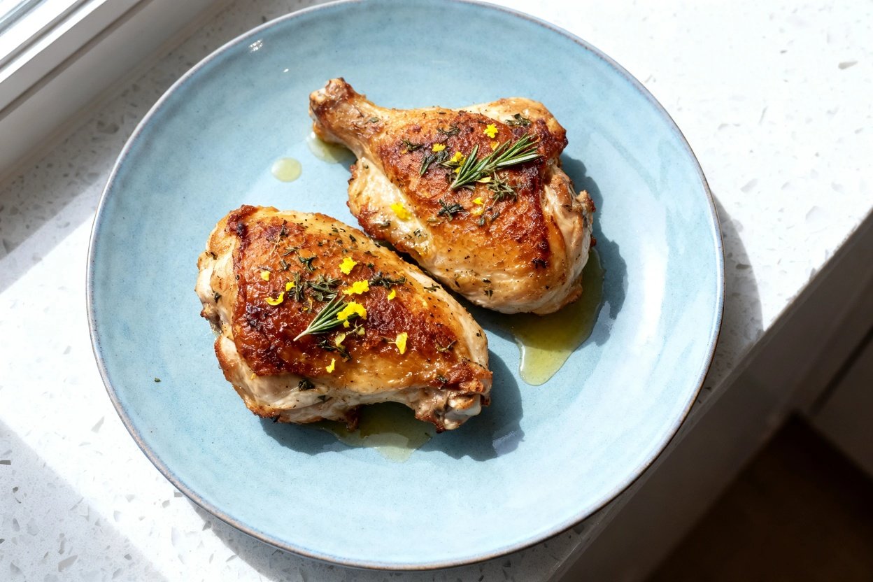 top-down food photo of a single serving of crispy one-pan keto lemon herb chicken: two juicy bone-in