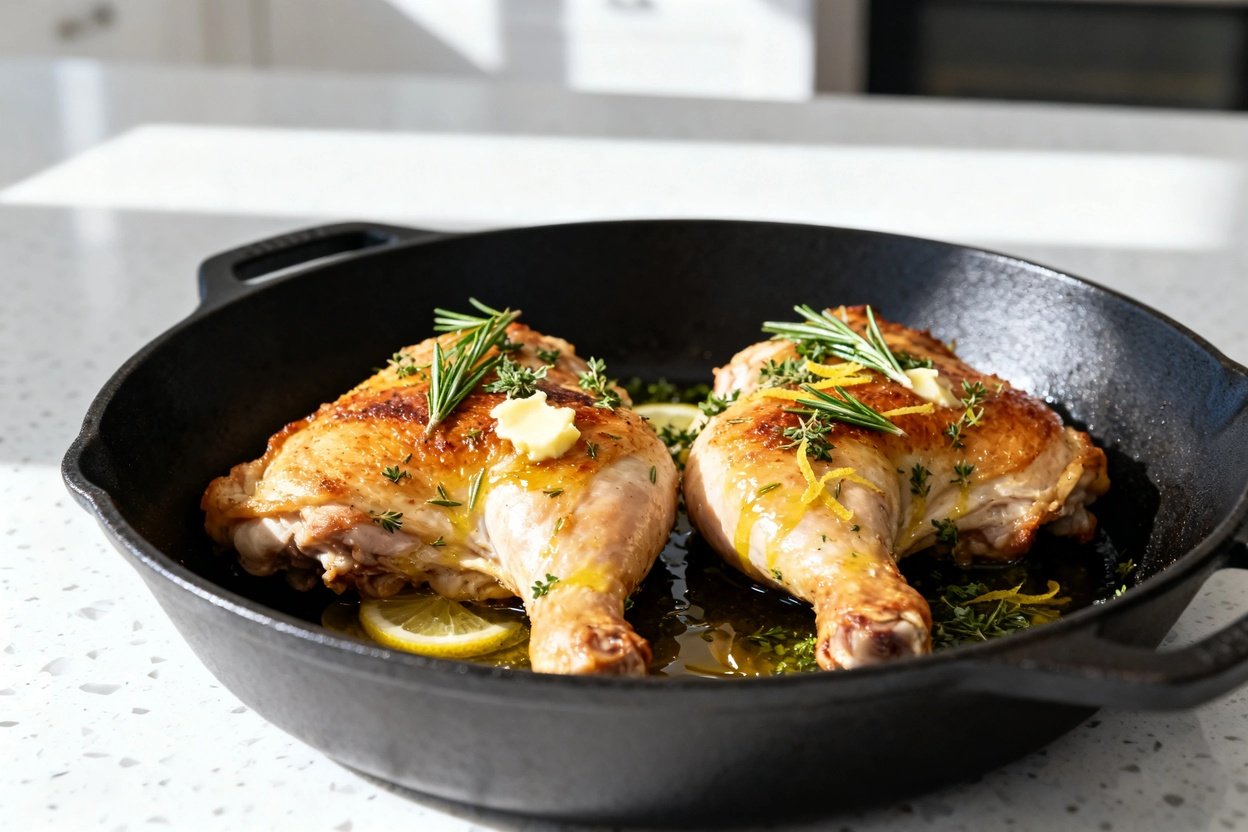 –40° camera view of the same finished keto lemon herb chicken from the same session: two bone-in, sk