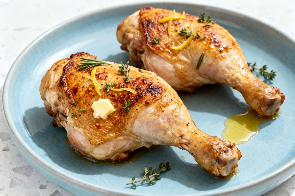  shot at 30–45° of the same plated serving of crispy one-pan keto lemon herb chicken: two juicy bone