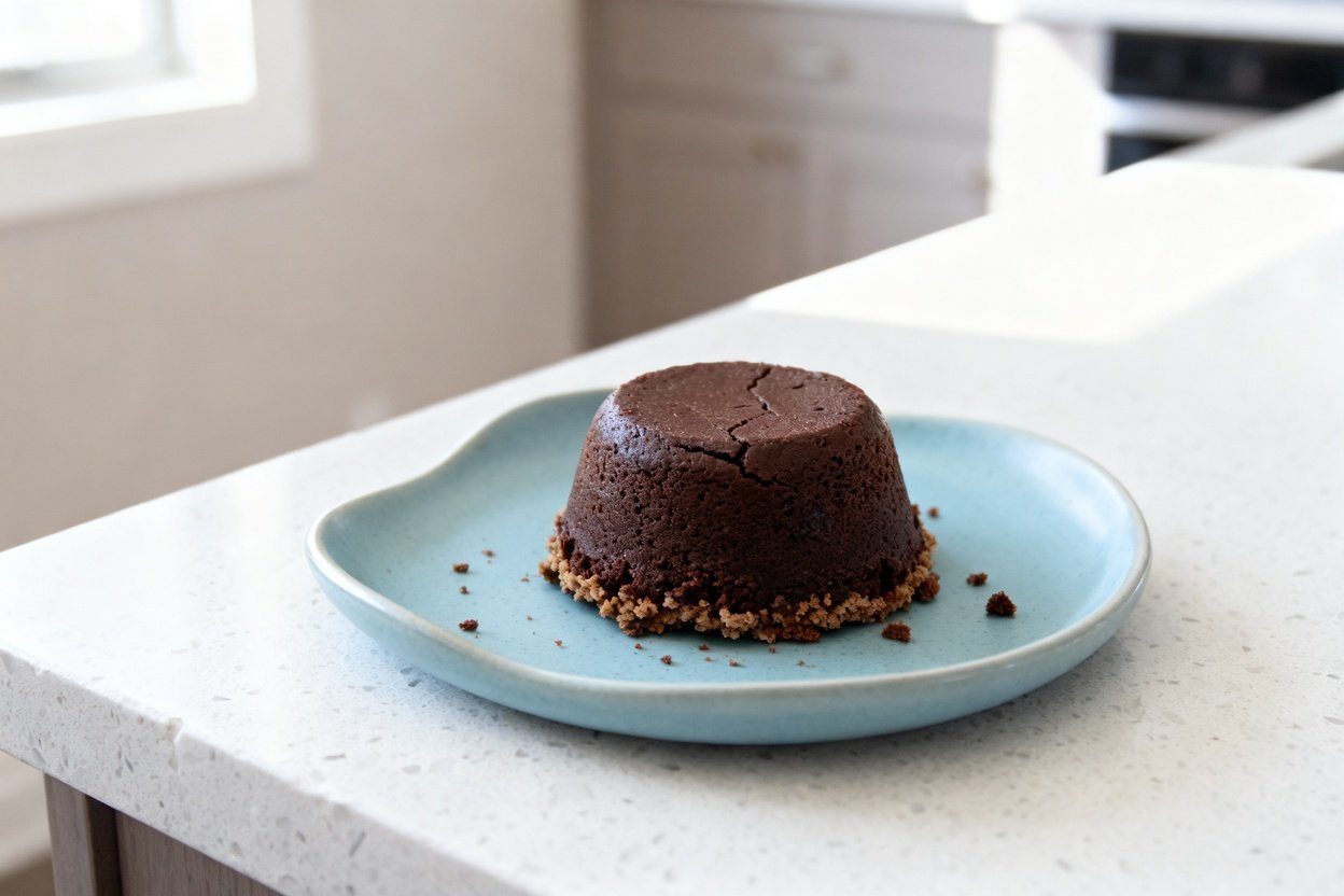 –40 degree perspective of the exact same finished keto chocolate mug cake (same round domed mug-cake