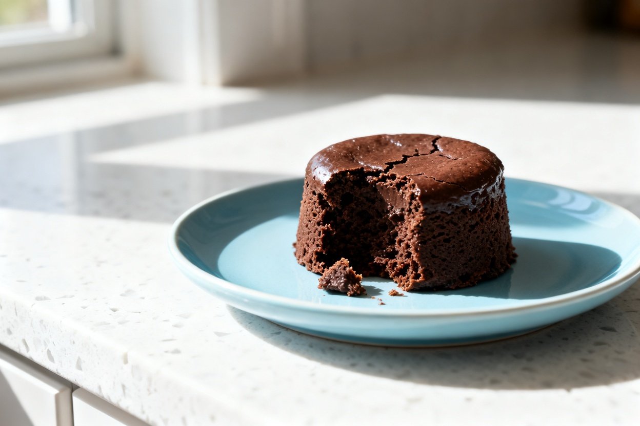  shot at ~30–45 degrees of the same single-serving keto chocolate mug cake on the same light blue ce