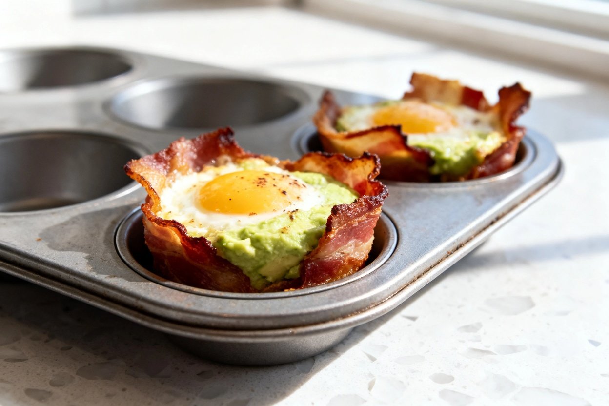 bout 35 degrees) photo of the exact same finished low carb bacon avocado breakfast cups: baked eggs
