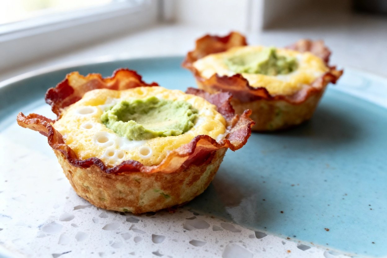  shot (about 40–45 degrees) of the same finished low carb bacon avocado breakfast cups plated on the