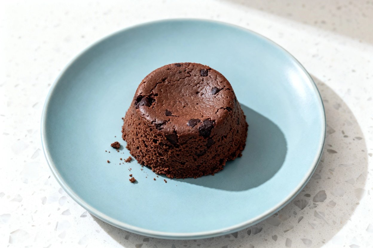 top-down food photo of a single serving keto chocolate mug cake: a rich, dark chocolate, fudgy cake