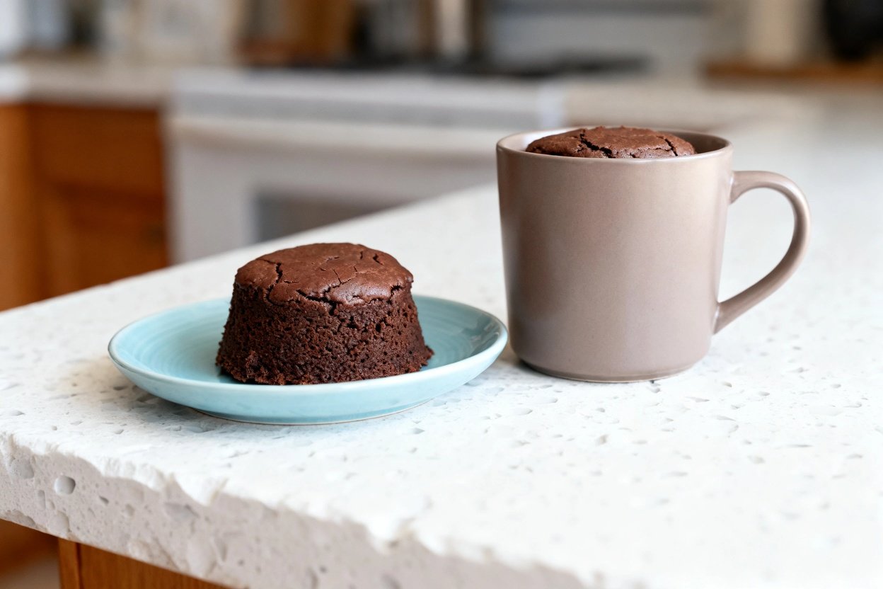 bout 30–40 degrees) realistic food photograph of the same finished keto chocolate mug cake immediate