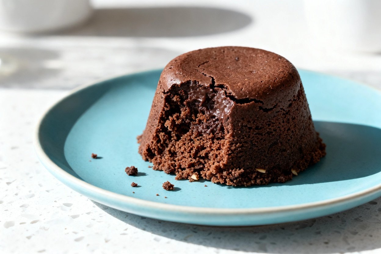 shot (about 30–45 degrees) of the same keto chocolate mug cake plated on the same light blue cerami