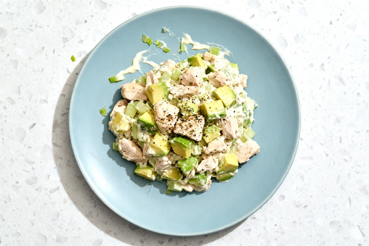 top-down food photo of a quick keto chicken salad: bite-size chunks of tender cooked chicken breast