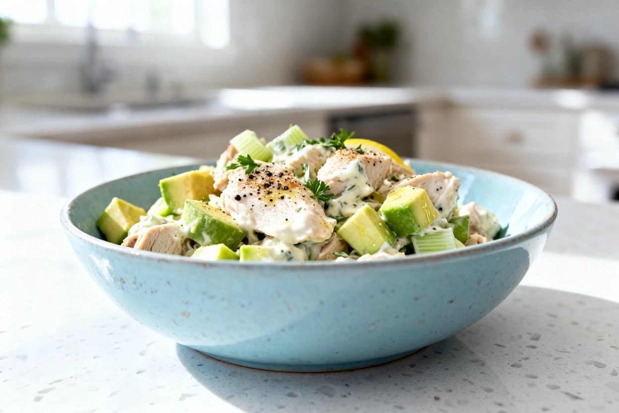 bout 35°) contextual shot of the same finished keto chicken salad (same chunk size and structure): c