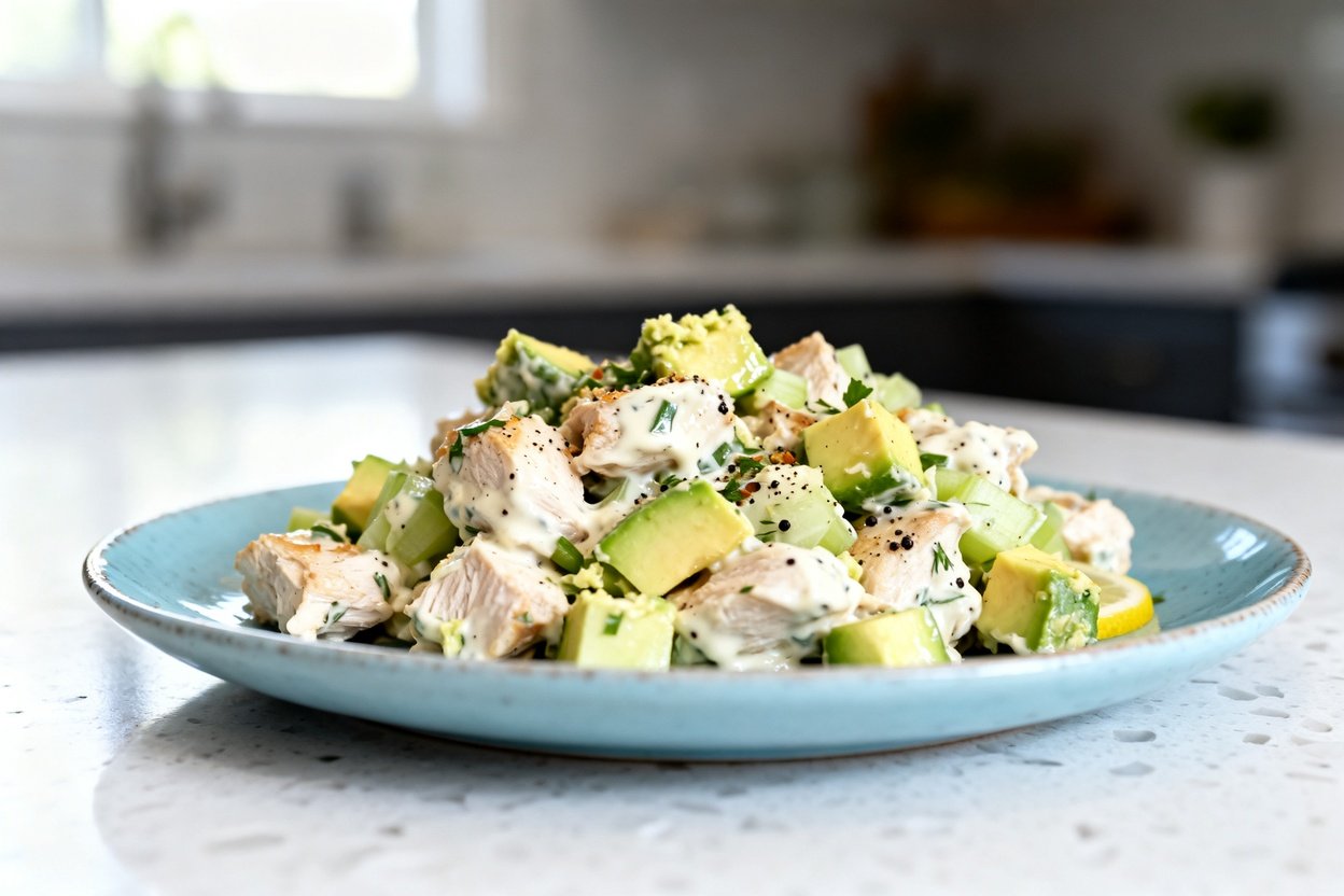  shot (about 40–45°) emphasizing texture of the same keto chicken salad on the same light blue ceram