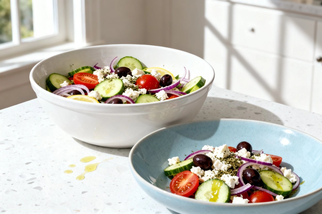 bout 35 degrees) photorealistic shot of the same finished Quick Keto Greek Salad, same single-servin