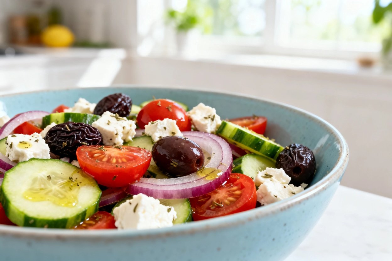  shot (about 40–45 degrees) of the same plated Quick Keto Greek Salad in the same light blue ceramic