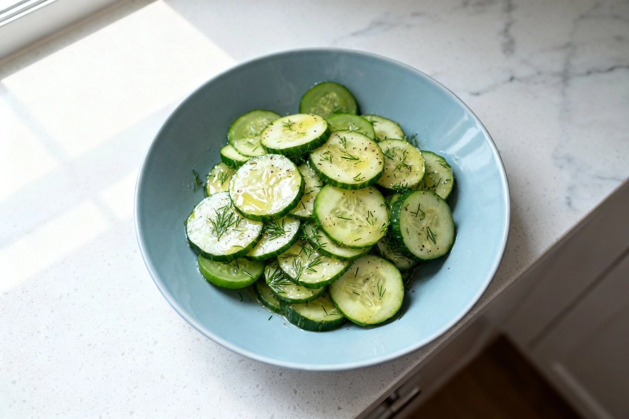 top-down food photo of a finished Keto Cucumber Dill Salad: thinly sliced English/Persian cucumber r