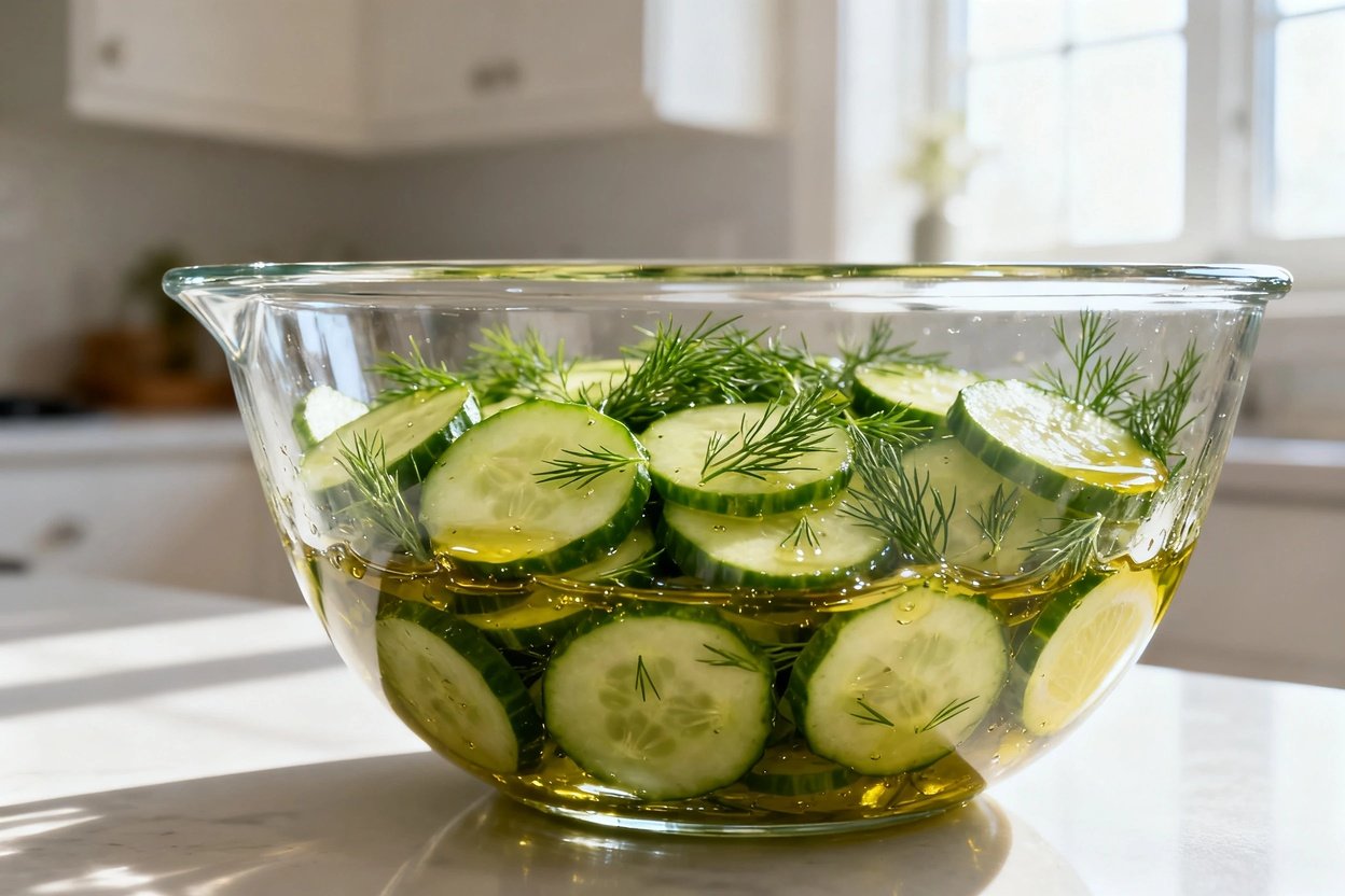 –40 degree perspective of the exact same finished Keto Cucumber Dill Salad (same cucumber slice thic