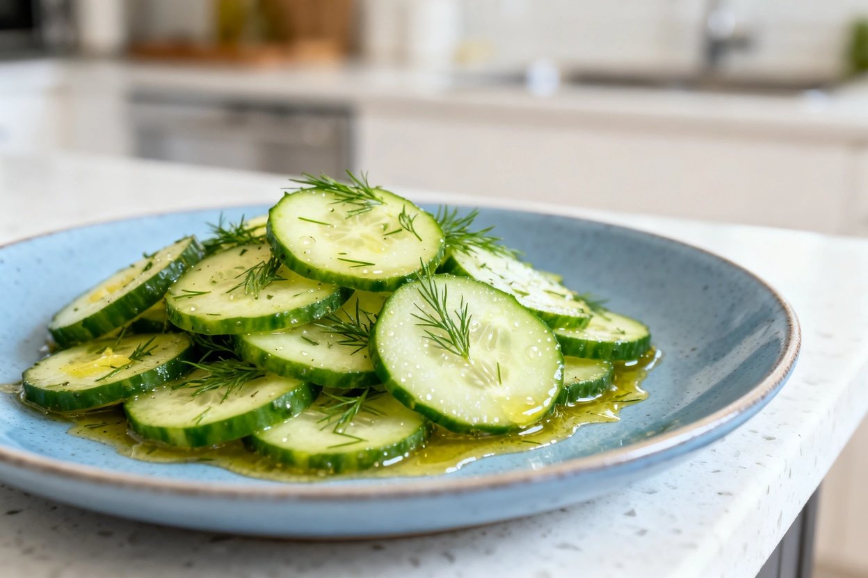  shot at 30–45 degrees of the same plated single serving Keto Cucumber Dill Salad on the same light 