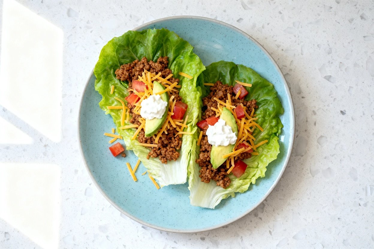 top-down food photo of a single serving of low carb taco lettuce wrap salad: two large romaine lettu