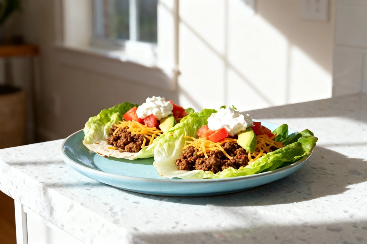 –40 degree perspective in a bright home kitchen: the same finished low carb taco lettuce wrap salad