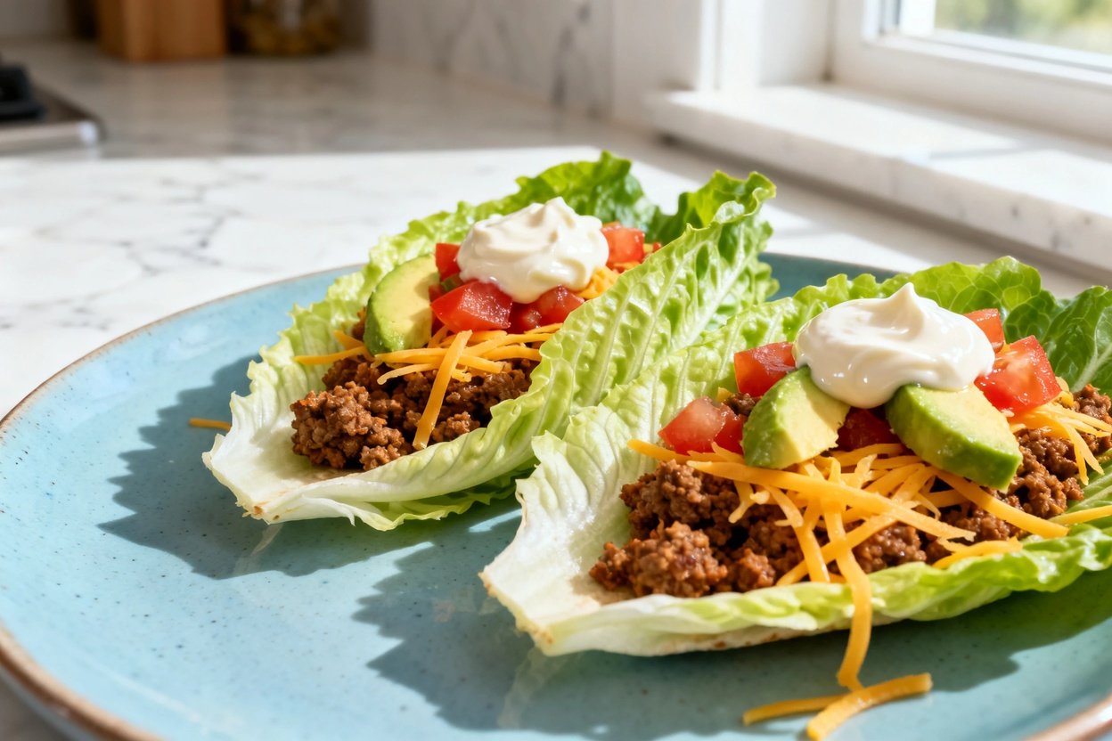  shot at 30–45 degrees emphasizing texture: the same two romaine lettuce taco wraps on the identical