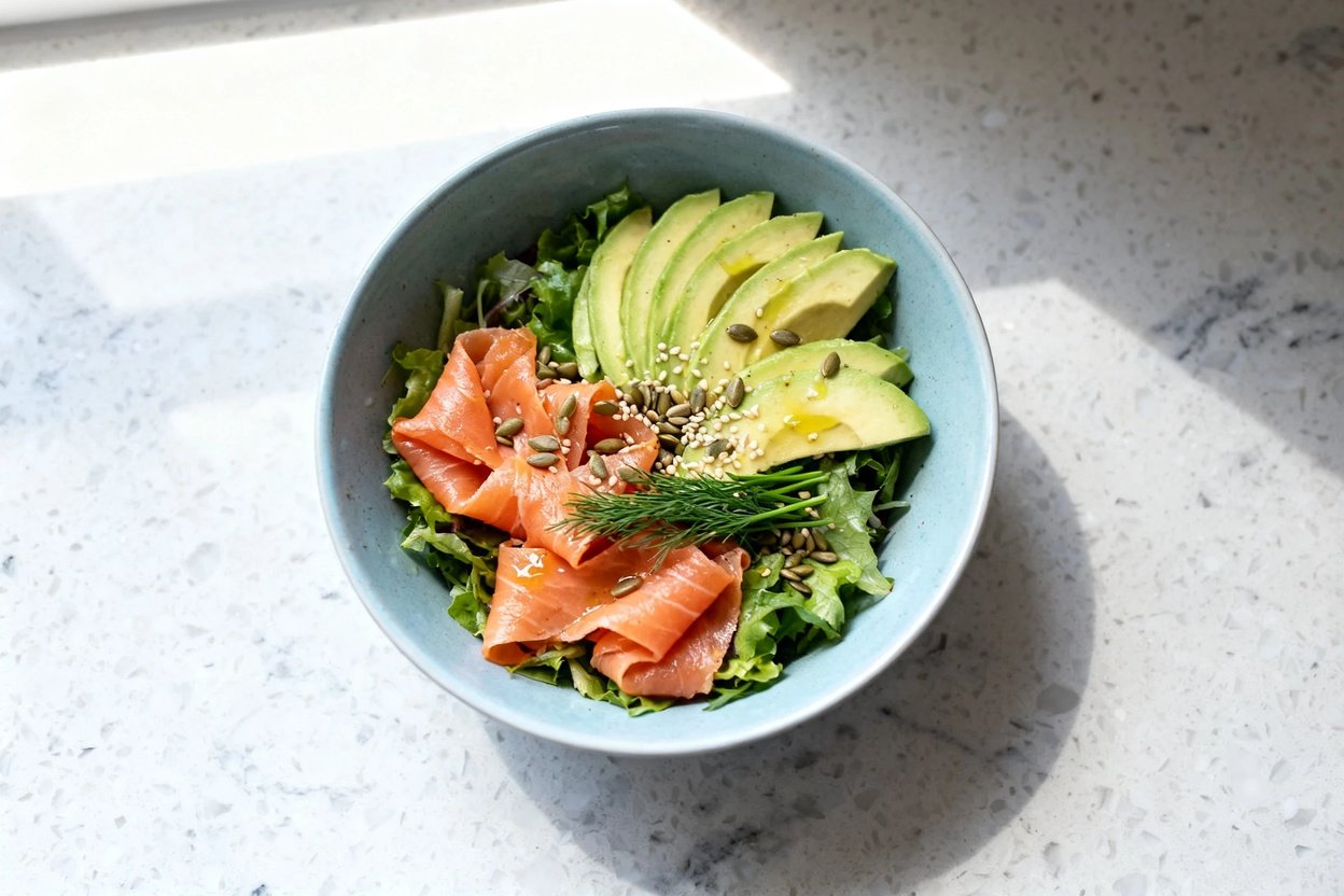 top-down food photo of a finished keto smoked salmon avocado bowl plated in a light blue ceramic bo
