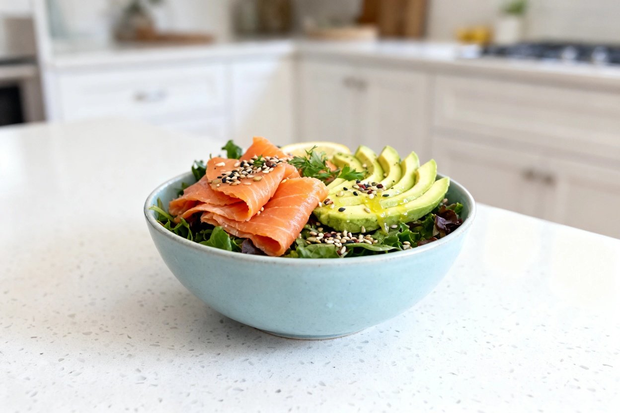 bout 30–40 degrees) realistic food photograph of the exact same finished keto smoked salmon avocado