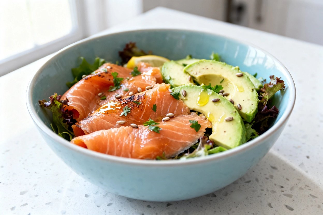 shot (about 30–45 degrees) of the same finished keto smoked salmon avocado bowl in the same light b