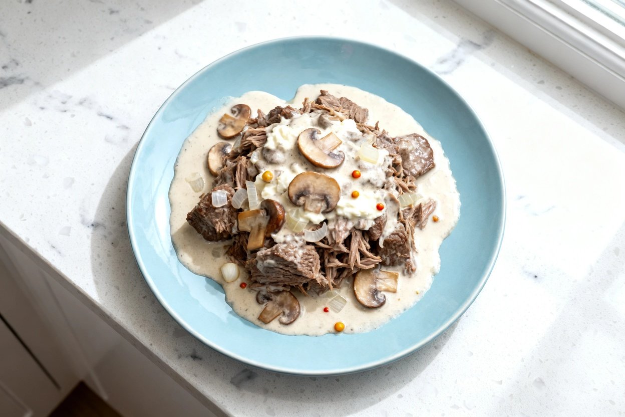 top-down food photo of a single serving of keto slow cooker beef stroganoff: thick, tender chunks of