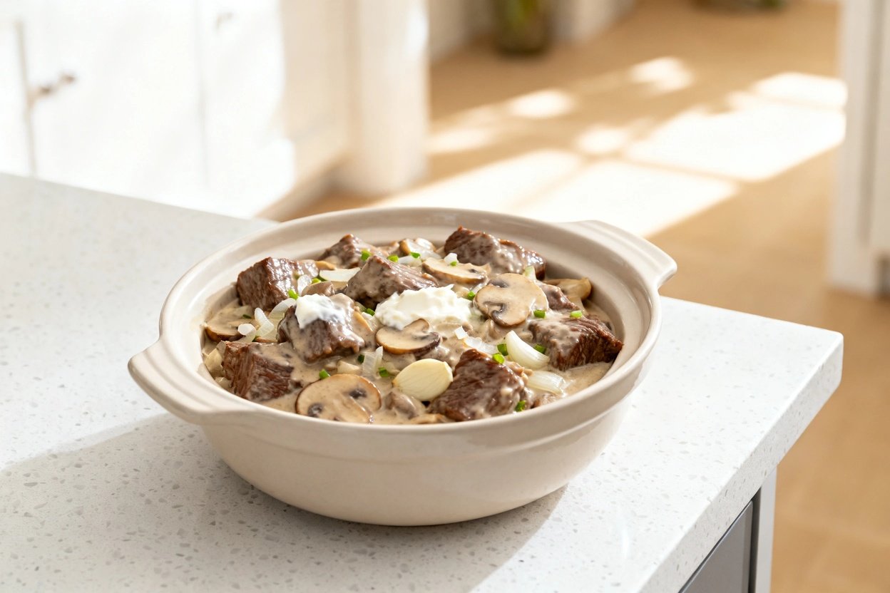 bout 35°) contextual shot of the exact same finished keto slow cooker beef stroganoff (same texture