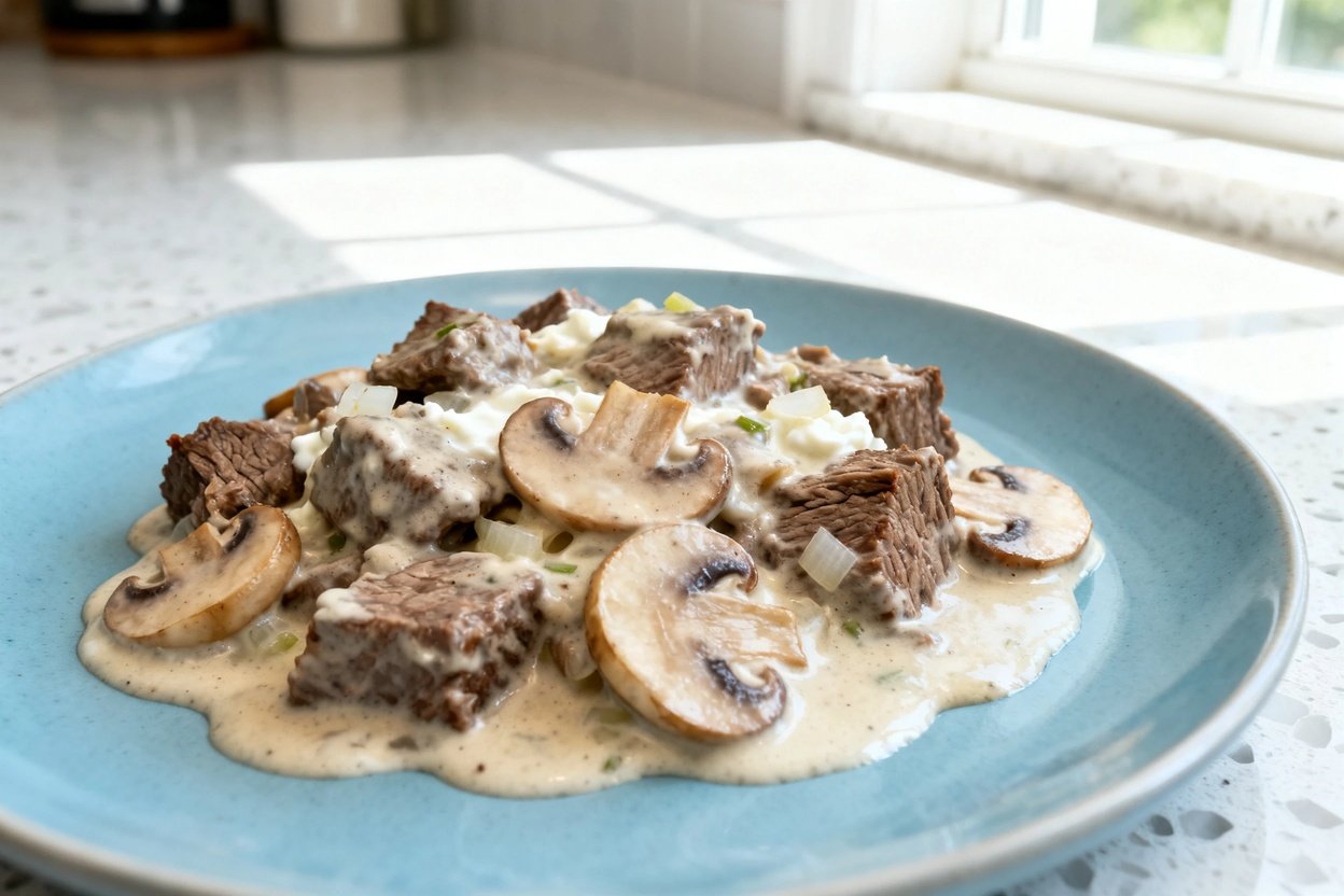  shot (about 40°) of the same single serving of keto slow cooker beef stroganoff plated on the same