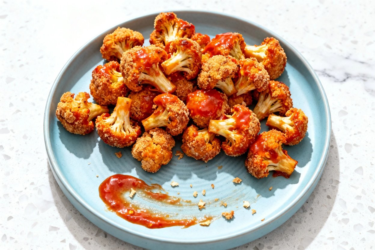 top-down food photo of spicy keto buffalo cauliflower bites: roasted cauliflower florets coated in c