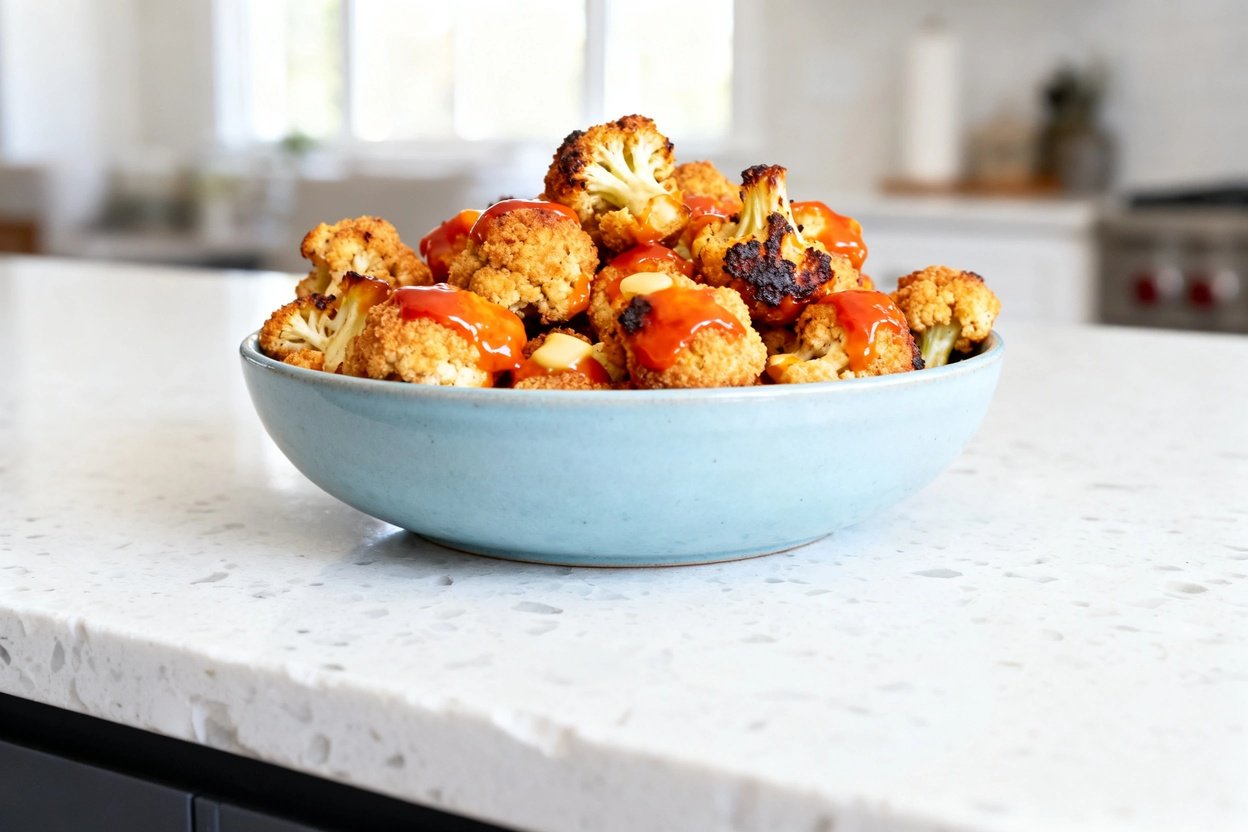 bout 35°) photo of the exact same finished spicy keto buffalo cauliflower bites (almond-flour-cruste
