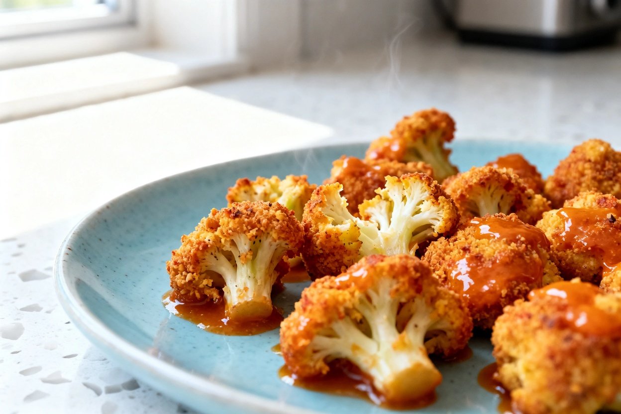  shot (about 40–45°) of the same finished spicy keto buffalo cauliflower bites on a light blue ceram