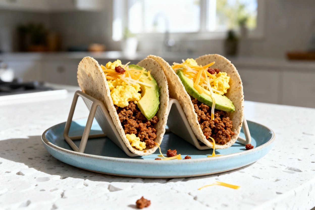 bout 35°) food photograph of the same finished keto chorizo breakfast tacos, identical ingredients a