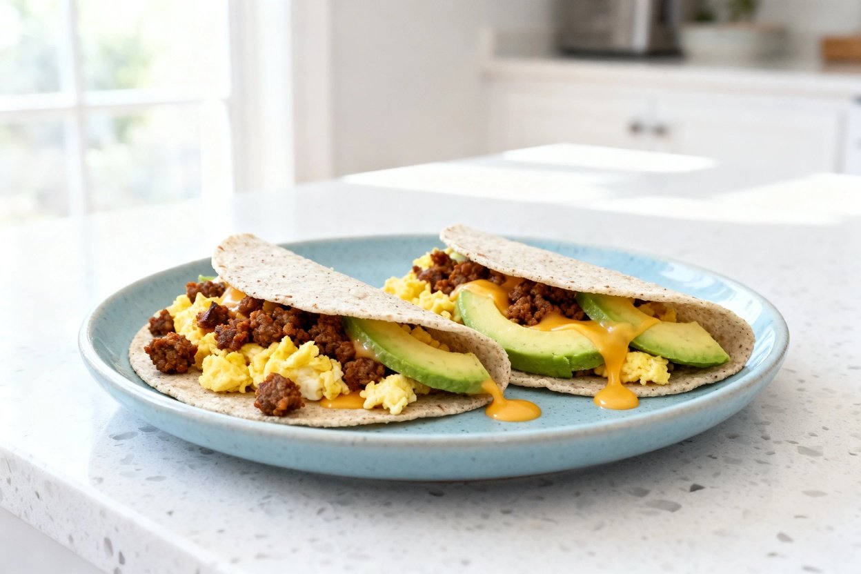  shot (about 40–45°) of the same plated keto chorizo breakfast tacos on the same style light blue ce