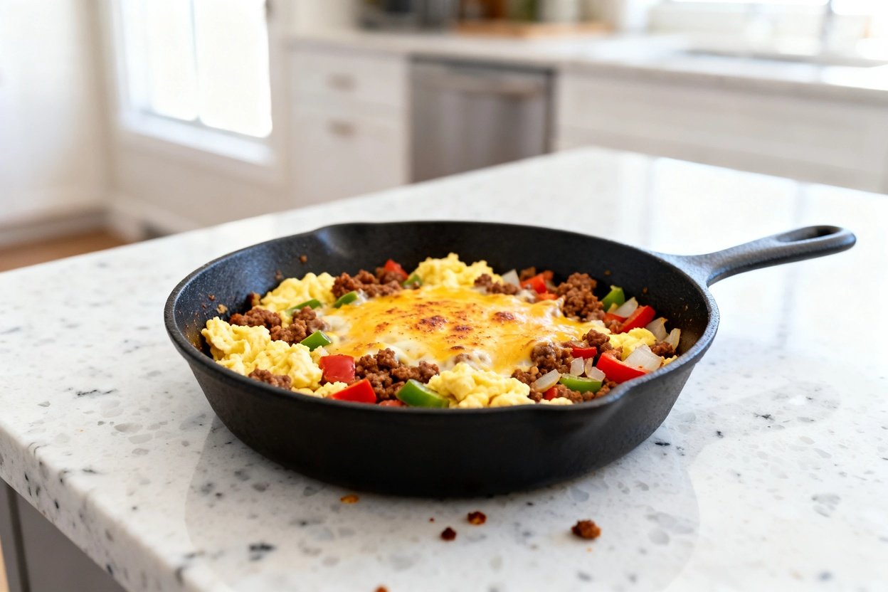 –40 degree camera perspective of the exact same finished keto chorizo egg breakfast skillet in the f