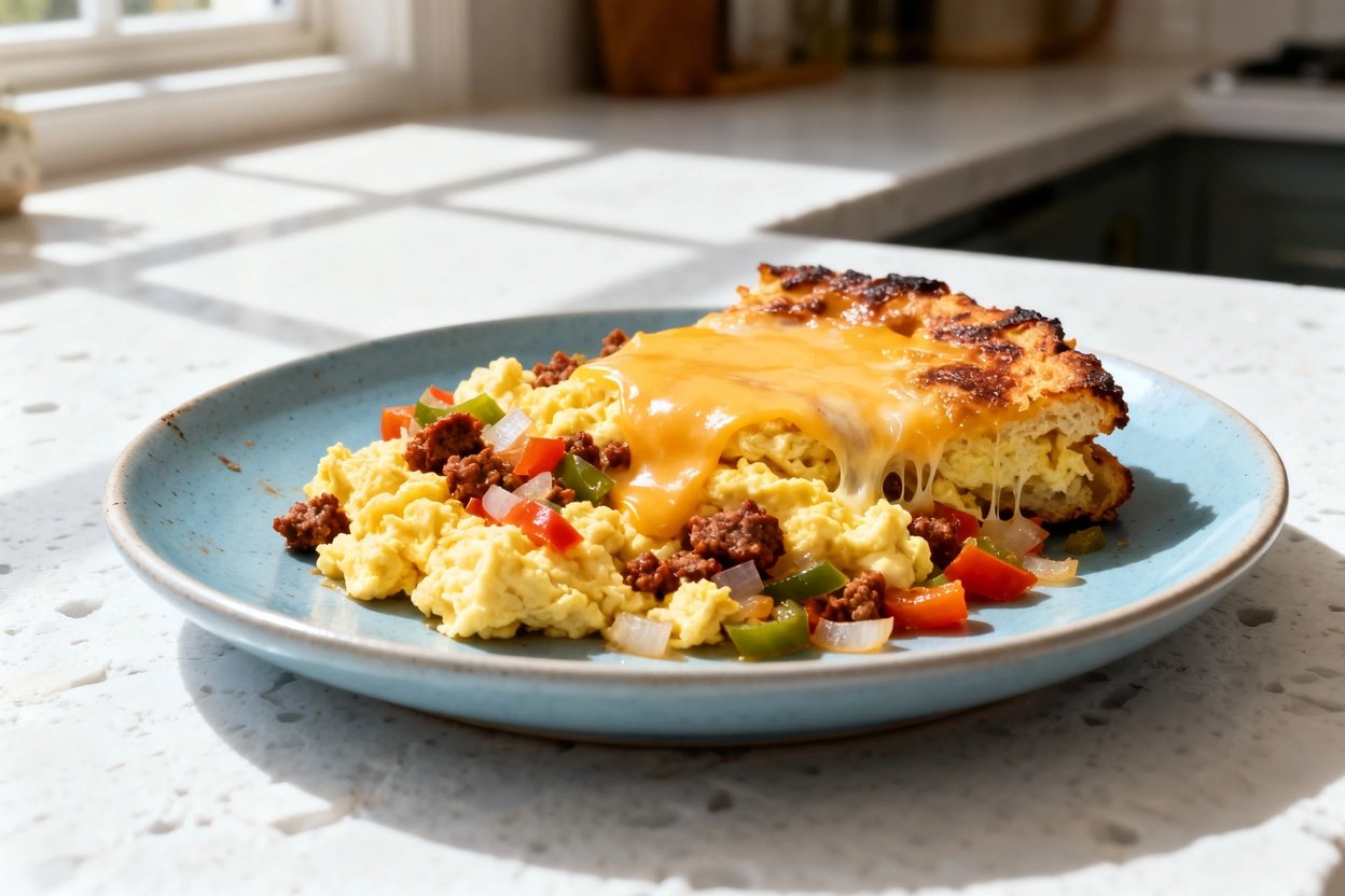 shot at 30–45 degrees of the same finished keto chorizo egg breakfast skillet plated on the same st