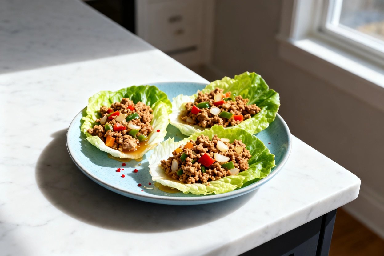 bout 30–40 degrees) realistic home-kitchen food photo of the exact same keto turkey lettuce wraps an