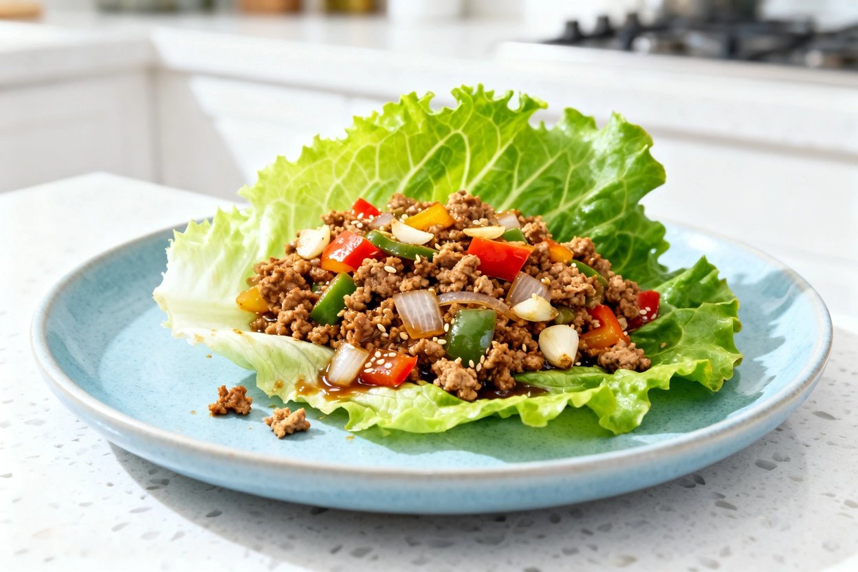 shot (about 30–45 degrees) of the same finished keto turkey lettuce wraps on the same light blue ce