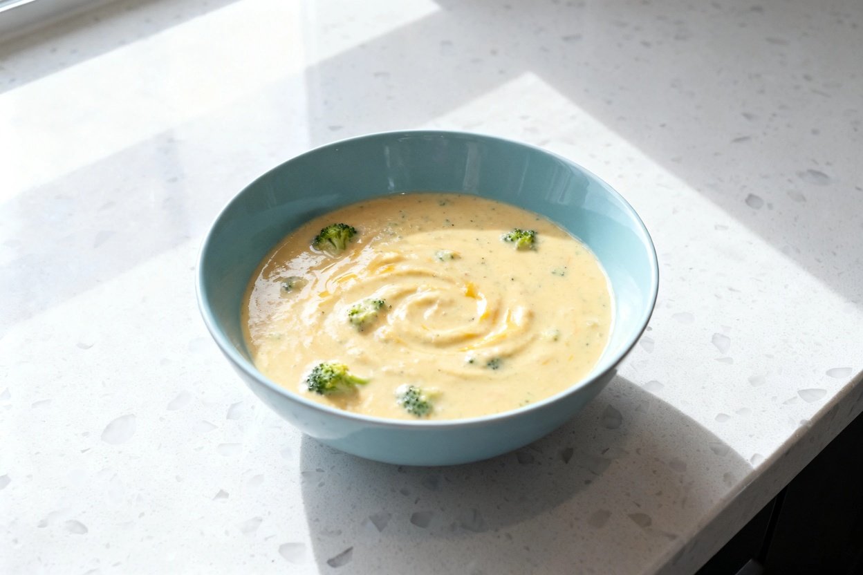 top-down food photo of a single serving of thick, creamy keto broccoli cheddar soup: velvety pale-g