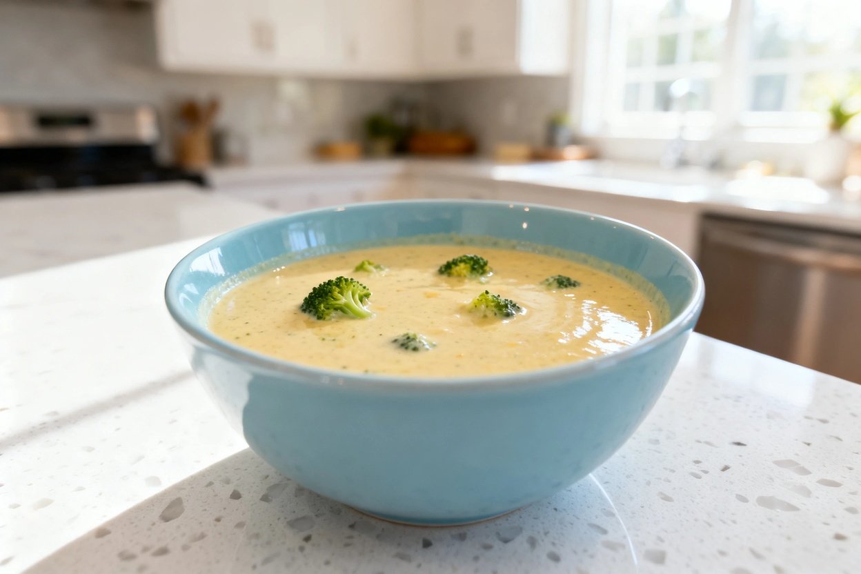 bout 35 degrees) photo of the same finished thick and creamy keto broccoli cheddar soup, identical t