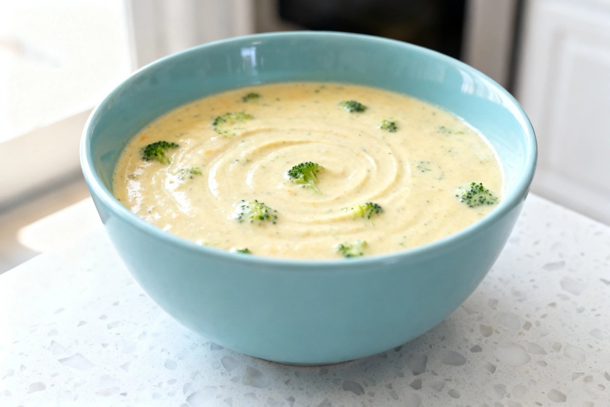 shot (about 40 degrees) of the same plated serving of thick, creamy keto broccoli cheddar soup in t