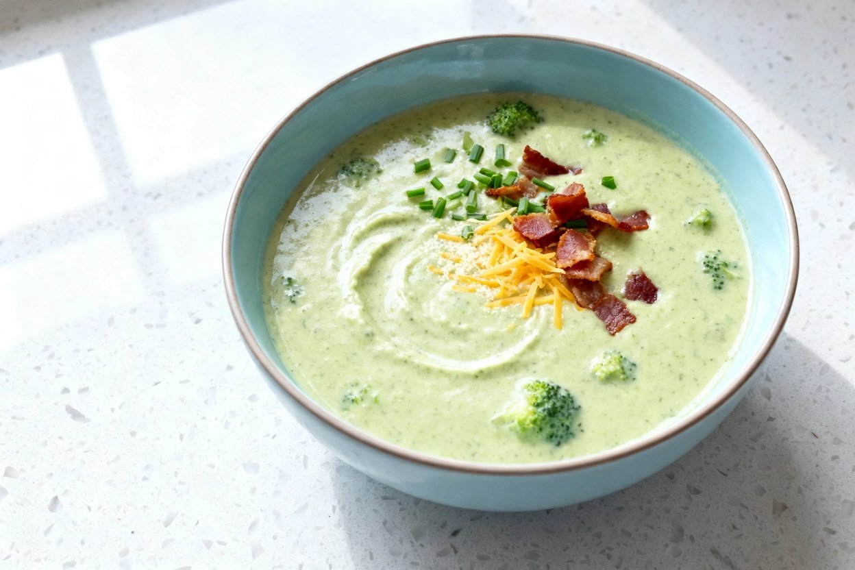 top-down food photo of a single serving bowl of keto creamy broccoli cheddar soup, thick and velvety