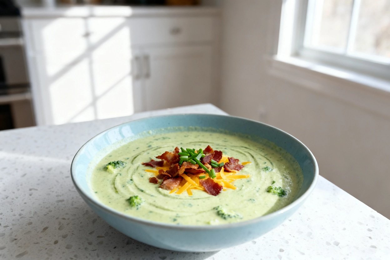 –40 degree perspective of the same finished keto creamy broccoli cheddar soup, same thickness and co