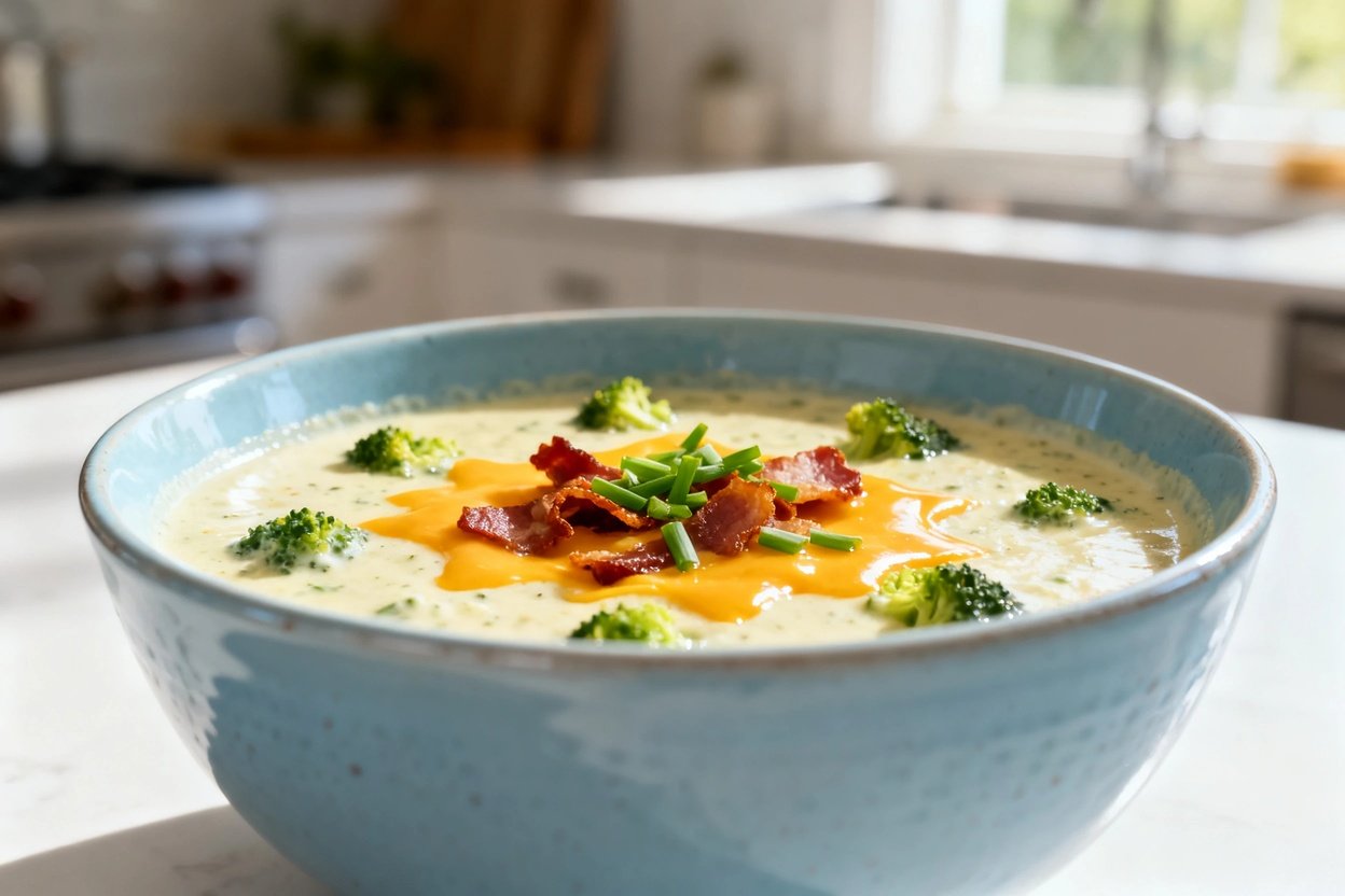  shot at 30–45 degrees of the same keto creamy broccoli cheddar soup in the same light blue ceramic 